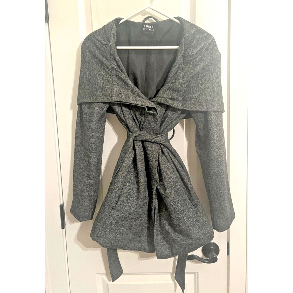 Ashley Outerwear Jacket Coat Large Grey Hooded Belted Pockets Winter Large Hood
